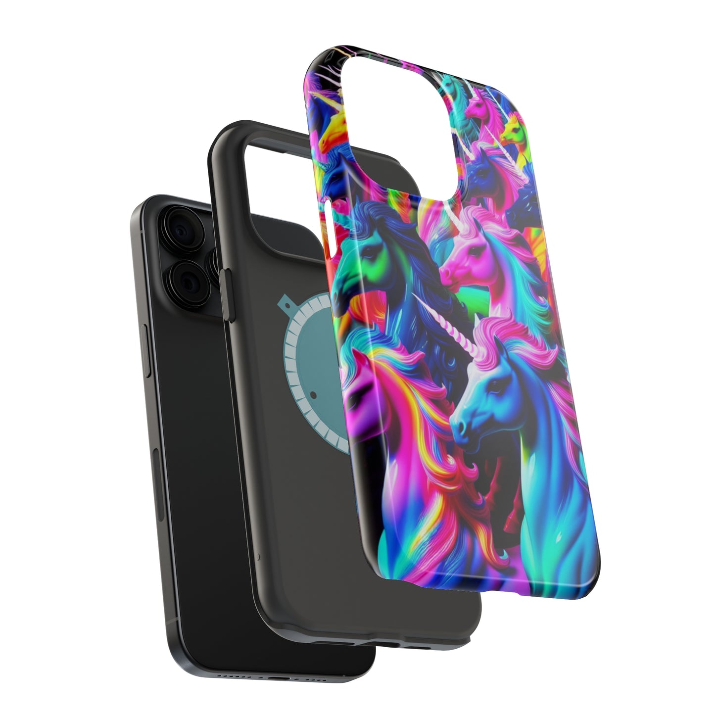 "Neon Illumination" Neon Unicorns Premium Art Magsafe Magnet Tough IPhone 13 14 15 Pro Plus Max and Mini in Matte and Glossy Phone cases