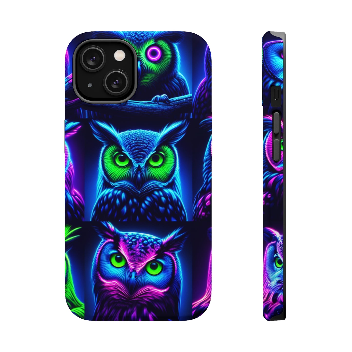 "Neon Nocturne" Neon Owls Premium Art Magsafe Magnet Tough IPhone 13 14 15 Pro Plus Max and Mini in Matte and Glossy Phone cases