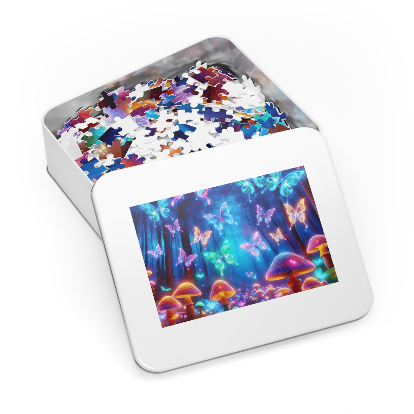 'Vibrant Neon Dreamscape' - Neon Butterflies and Mushrooms Puzzle 30, 110, 252, and 1000 Pieces