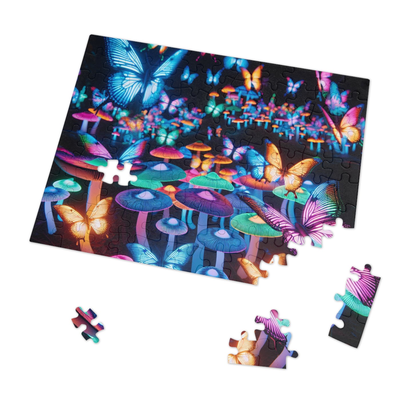 Neon Butterflies Blooms - Neon Butterflies and Mushrooms Puzzle 30, 110, 252, and 1000 Pieces