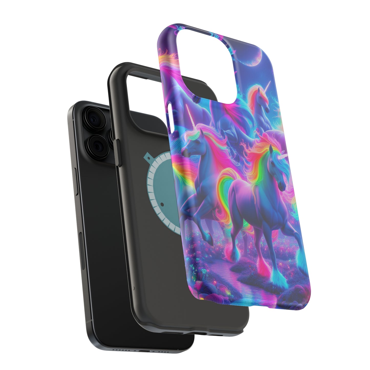 "Unicorn Prism" Neon Unicorns Premium Art Magsafe Magnet Tough IPhone 13 14 15 Pro Plus Max and Mini in Matte and Glossy Phone cases