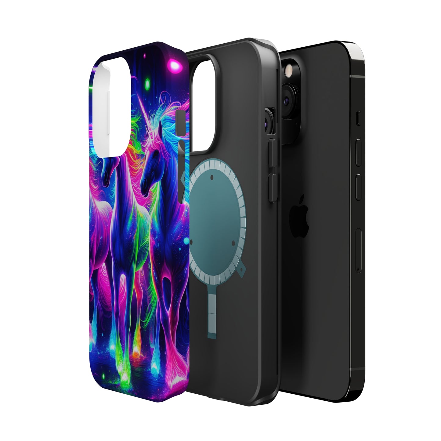 "Uni-Neon Fantasy" Neon Unicorns Premium Art Magsafe Magnet Tough IPhone 13 14 15 Pro Plus Max and Mini in Matte and Glossy Phone cases
