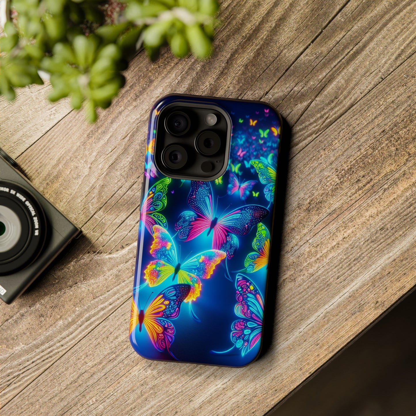 "Atmospheric Fluorescence" Neon Butterflies Premium Art Magsafe Magnet Tough IPhone 13 14 15 Pro Plus Max and Mini in Matte and Glossy Phone cases