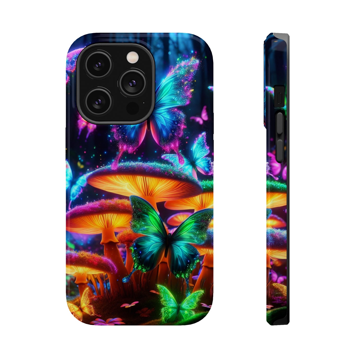 Neon Fantasia. Neon Butterflies and Mushrooms Premium Art Magsafe Magnet Tough IPhone 13 14 15 Pro Plus Max and Mini in Matte and Glossy Phone cases