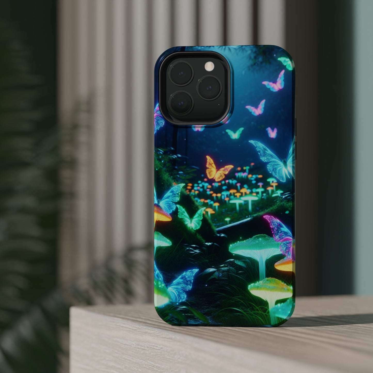"Neon Meadow" Neon Butterflies and Mushrooms Premium Art Magsafe Magnet Tough IPhone 13 14 15 Pro Plus Max and Mini in Matte and Glossy Phone cases