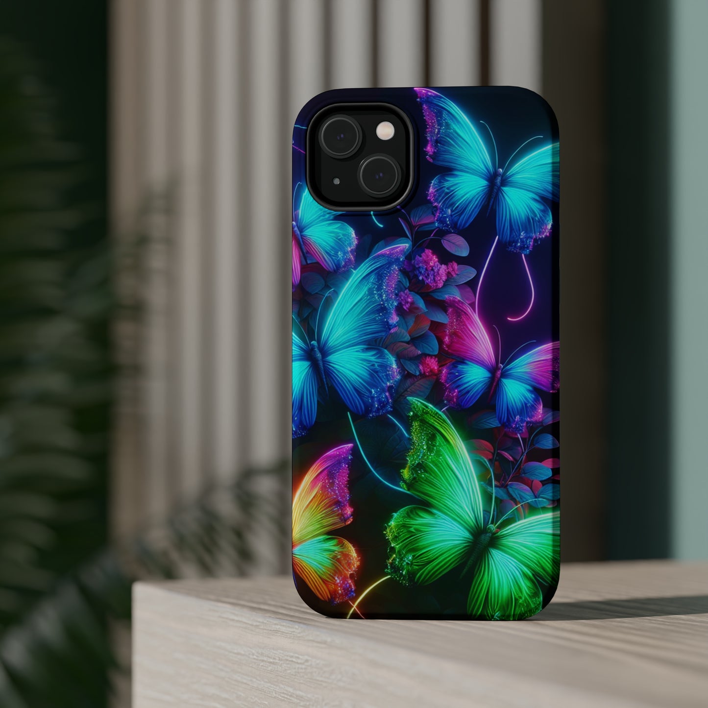 Neon Flutter Symphony Neon Butterflies Premium Art Magsafe Magnet Tough IPhone 13 14 15 Pro Plus Max and Mini in Matte and Glossy Phone cases