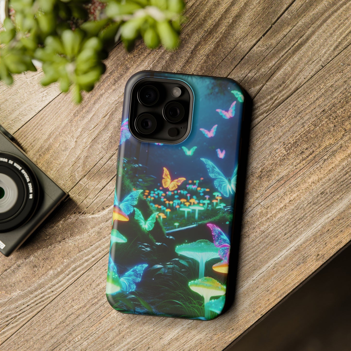 "Neon Meadow" Neon Butterflies and Mushrooms Premium Art Magsafe Magnet Tough IPhone 13 14 15 Pro Plus Max and Mini in Matte and Glossy Phone cases