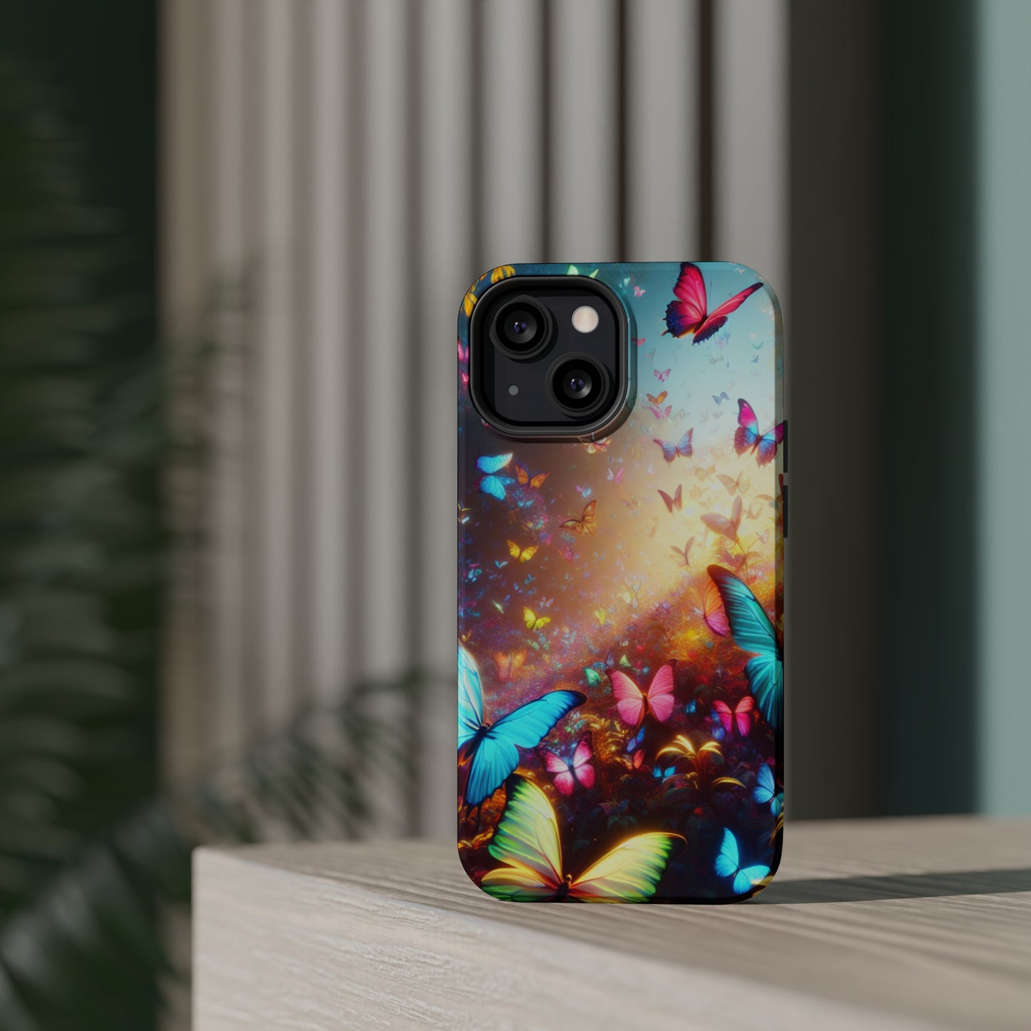 "Neon Butterfly Blooms" Neon Butterflies Premium Art Magsafe Magnet Tough IPhone 13 14 15 Pro Plus Max and Mini in Matte and Glossy Phone cases