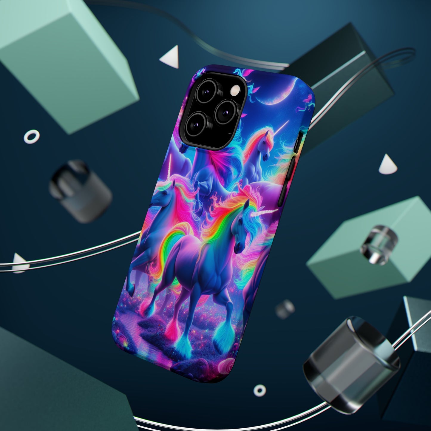 "Unicorn Prism" Neon Unicorns Premium Art Magsafe Magnet Tough IPhone 13 14 15 Pro Plus Max and Mini in Matte and Glossy Phone cases