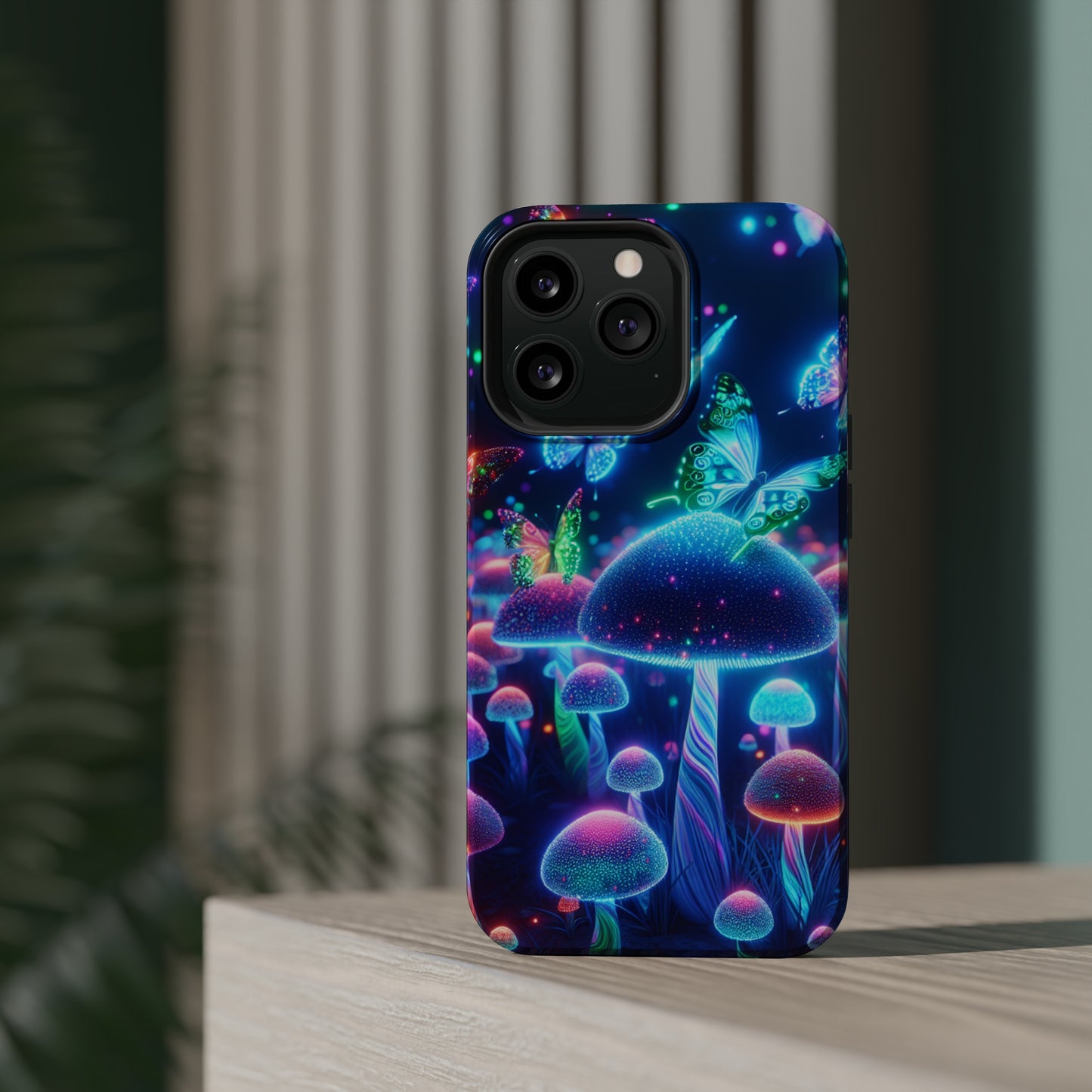 Neon Glitterbug Heaven. Neon Butterflies and Mushrooms Premium Art Magsafe Magnet Tough IPhone 13 14 15 Pro Plus Max and Mini in Matte and Glossy Phone cases