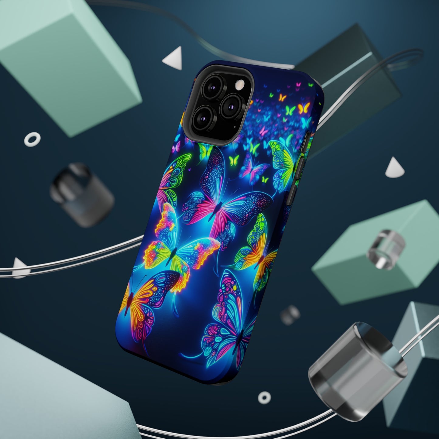 "Atmospheric Fluorescence" Neon Butterflies Premium Art Magsafe Magnet Tough IPhone 13 14 15 Pro Plus Max and Mini in Matte and Glossy Phone cases
