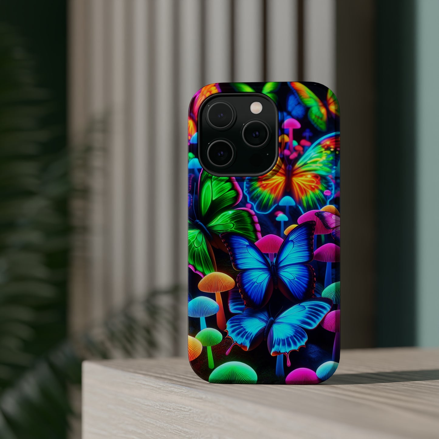 "Fantastic Fruition" Neon Butterflies and Mushrooms Premium Art Magsafe Magnet Tough IPhone 13 14 15 Pro Plus Max and Mini in Matte and Glossy Phone cases