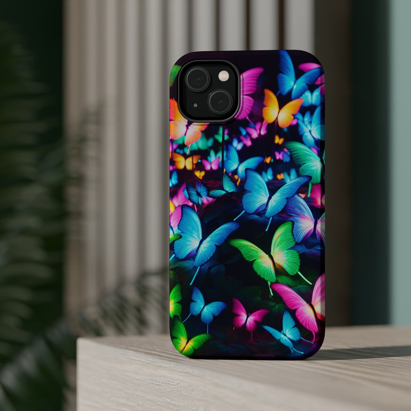 "Neon Butterfly Luridrainbow". Neon Butterflies Premium Art Magsafe Magnet Tough IPhone 13 14 15 Pro Plus Max and Mini in Matte and Glossy Phone cases