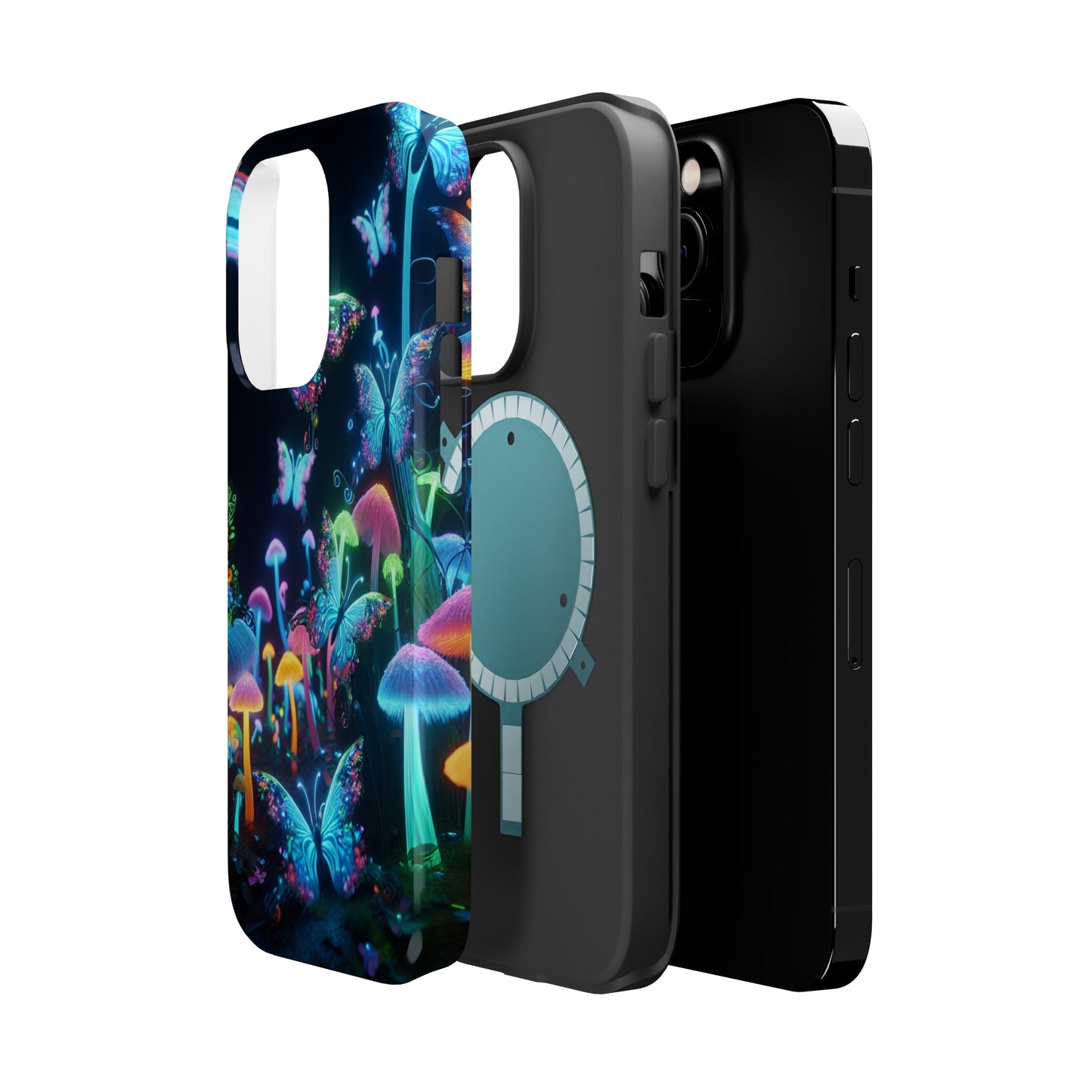 "Neon Dreamscape" Neon Butterflies and Mushrooms Premium Art Magsafe Magnet Tough IPhone 13 14 15 Pro Plus Max and Mini in Matte and Glossy Phone cases