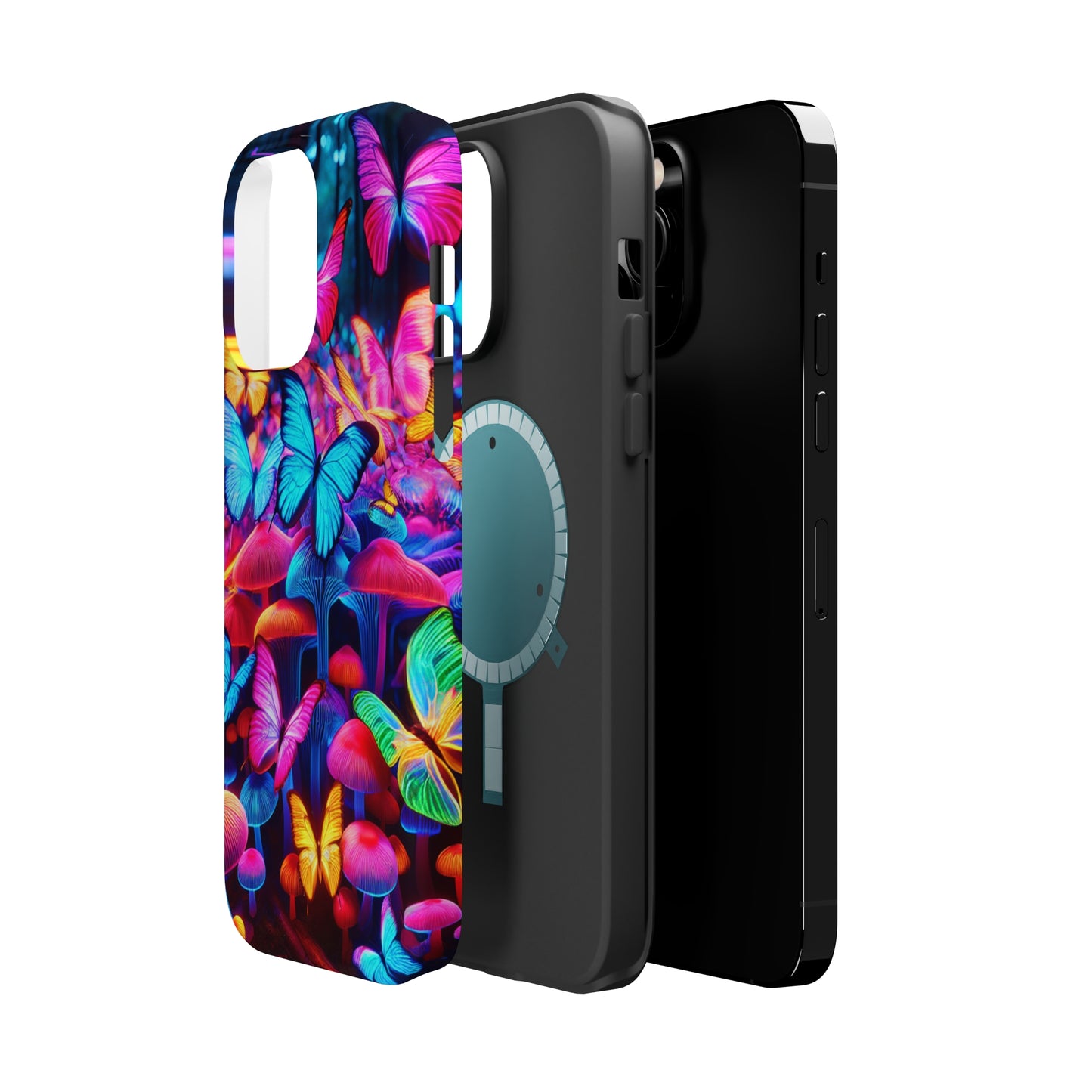 "Neon Tie-Dye Garden" Neon Butterflies and Mushrooms Premium Art Magsafe Magnet Tough IPhone 13 14 15 Pro Plus Max and Mini in Matte and Glossy Phone cases