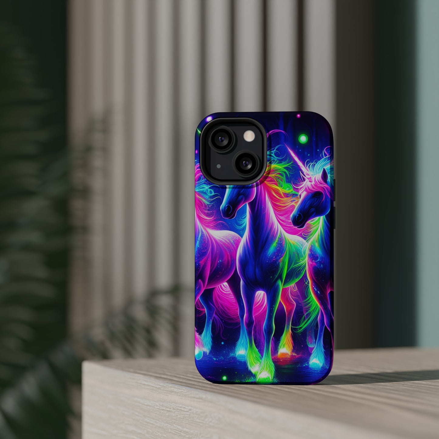 "Uni-Neon Fantasy" Neon Unicorns Premium Art Magsafe Magnet Tough IPhone 13 14 15 Pro Plus Max and Mini in Matte and Glossy Phone cases