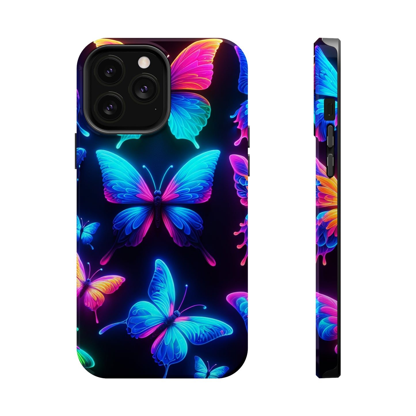 "Neon Flight Frenzy" Neon Butterflies Premium Art Magsafe Magnet Tough IPhone 13 14 15 Pro Plus Max and Mini in Matte and Glossy Phone cases