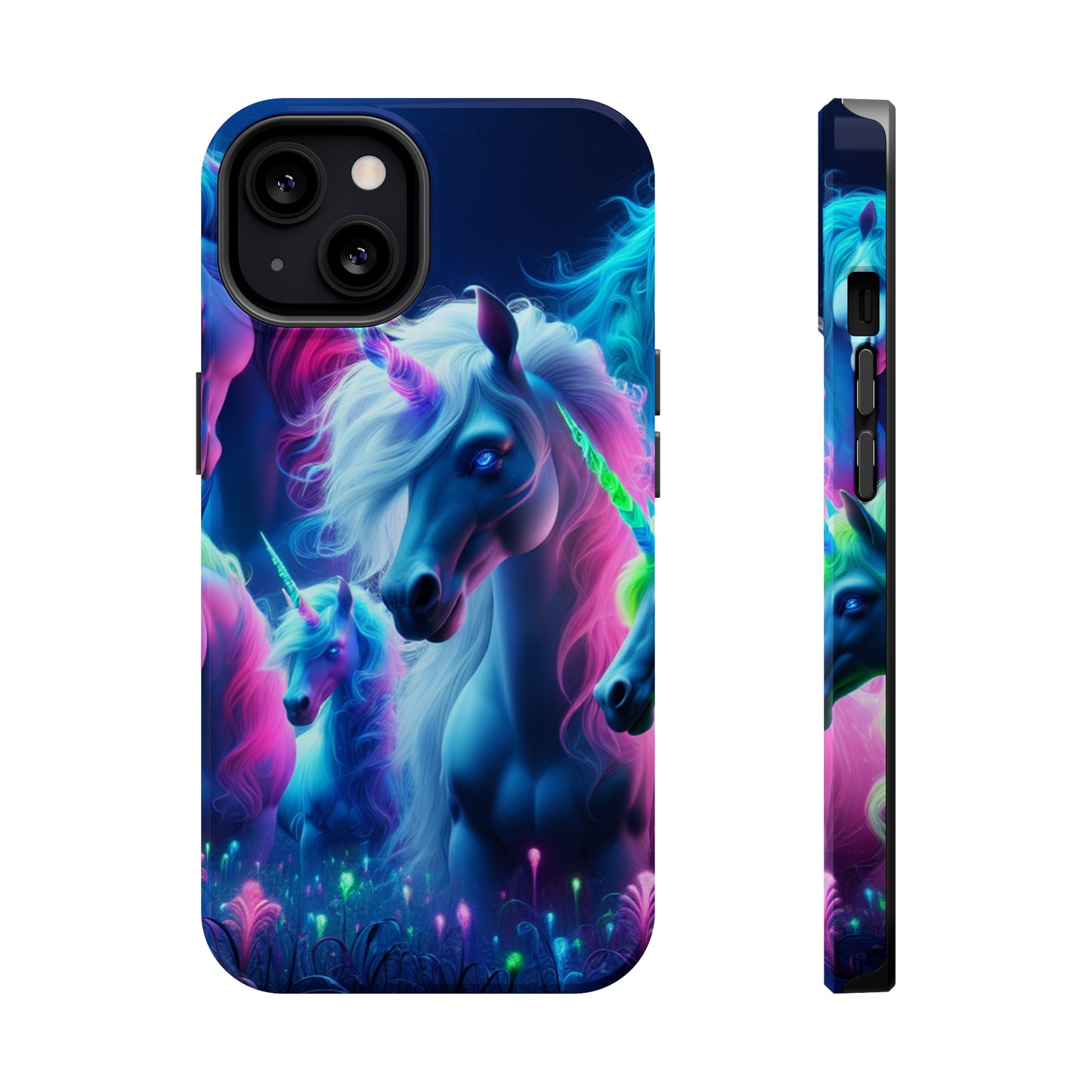 "Unicorn Flux-scape" Neon Unicorns Premium Art Magsafe Magnet Tough IPhone 13 14 15 Pro Plus Max and Mini in Matte and Glossy Phone cases
