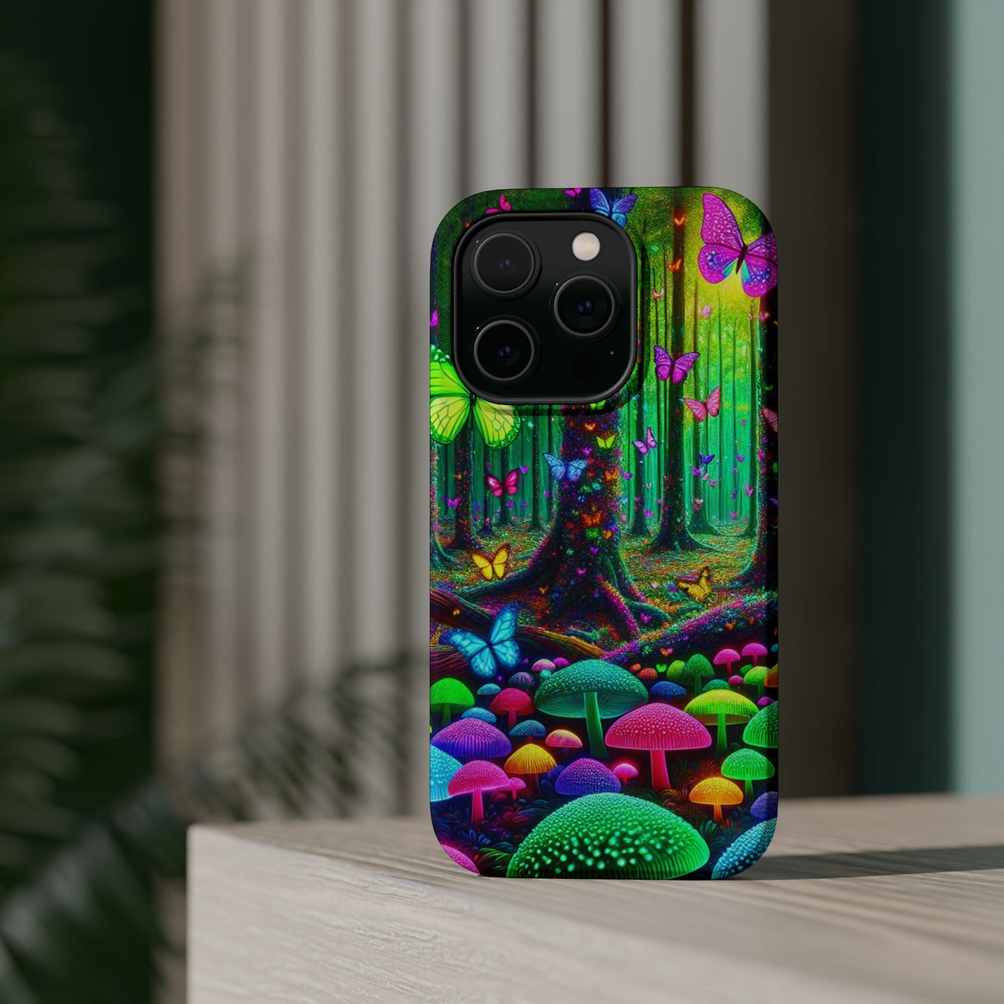 "Neon Garden Symphony". Neon Butterflies and Mushrooms Premium Art Magsafe Magnet Tough IPhone 13 14 15 Pro Plus Max and Mini in Matte and Glossy Phone cases