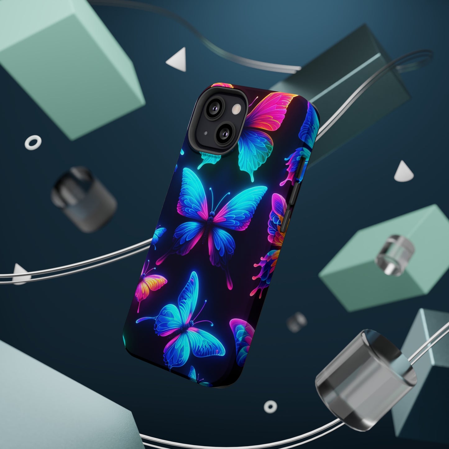 "Neon Flight Frenzy" Neon Butterflies Premium Art Magsafe Magnet Tough IPhone 13 14 15 Pro Plus Max and Mini in Matte and Glossy Phone cases