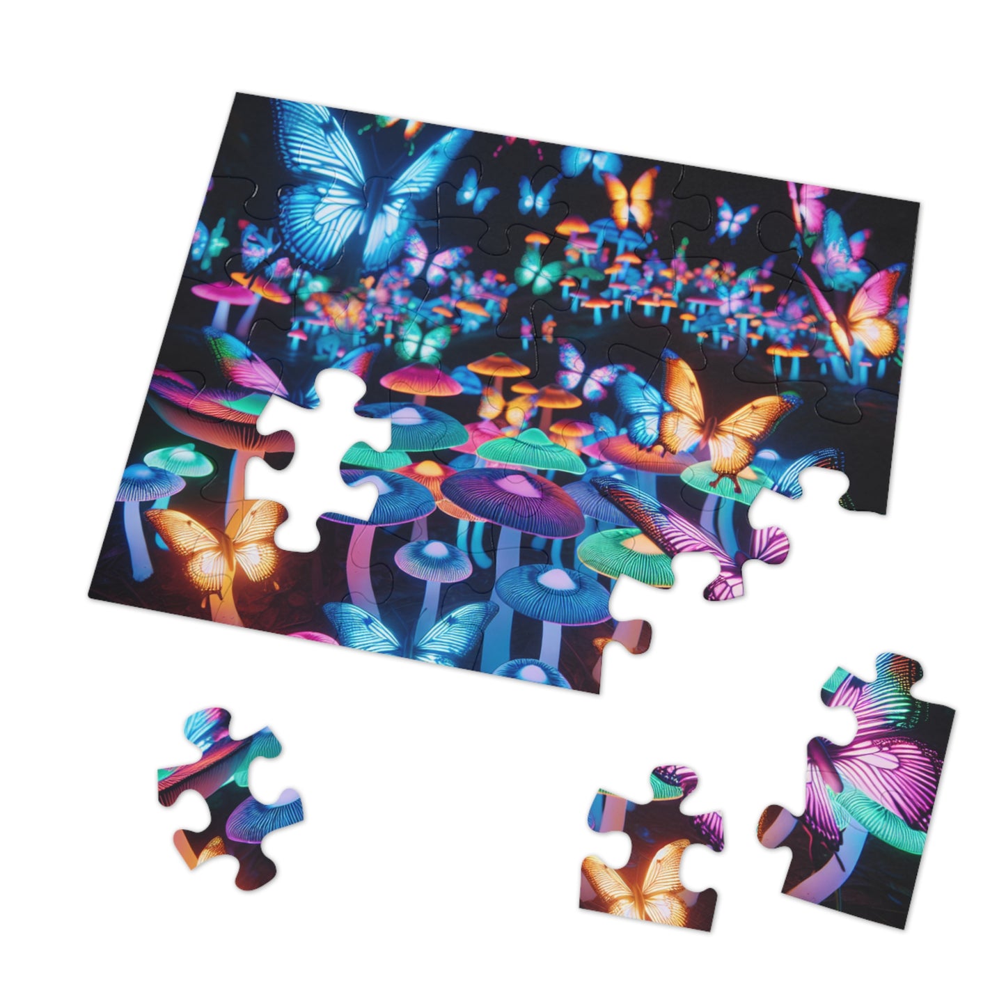 Neon Butterflies Blooms - Neon Butterflies and Mushrooms Puzzle 30, 110, 252, and 1000 Pieces