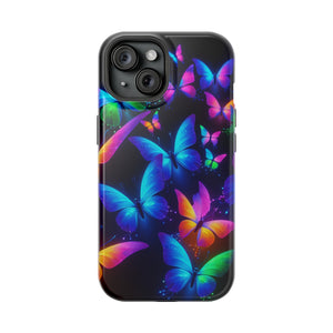 "Vibrant Neon Flutter" Neon Butterflies Premium Art Magsafe Magnet Tough IPhone 13 14 15 Pro Plus Max and Mini in Matte and Glossy Phone cases