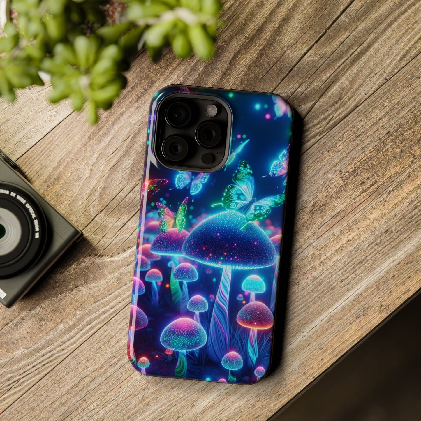 Neon Glitterbug Heaven. Neon Butterflies and Mushrooms Premium Art Magsafe Magnet Tough IPhone 13 14 15 Pro Plus Max and Mini in Matte and Glossy Phone cases