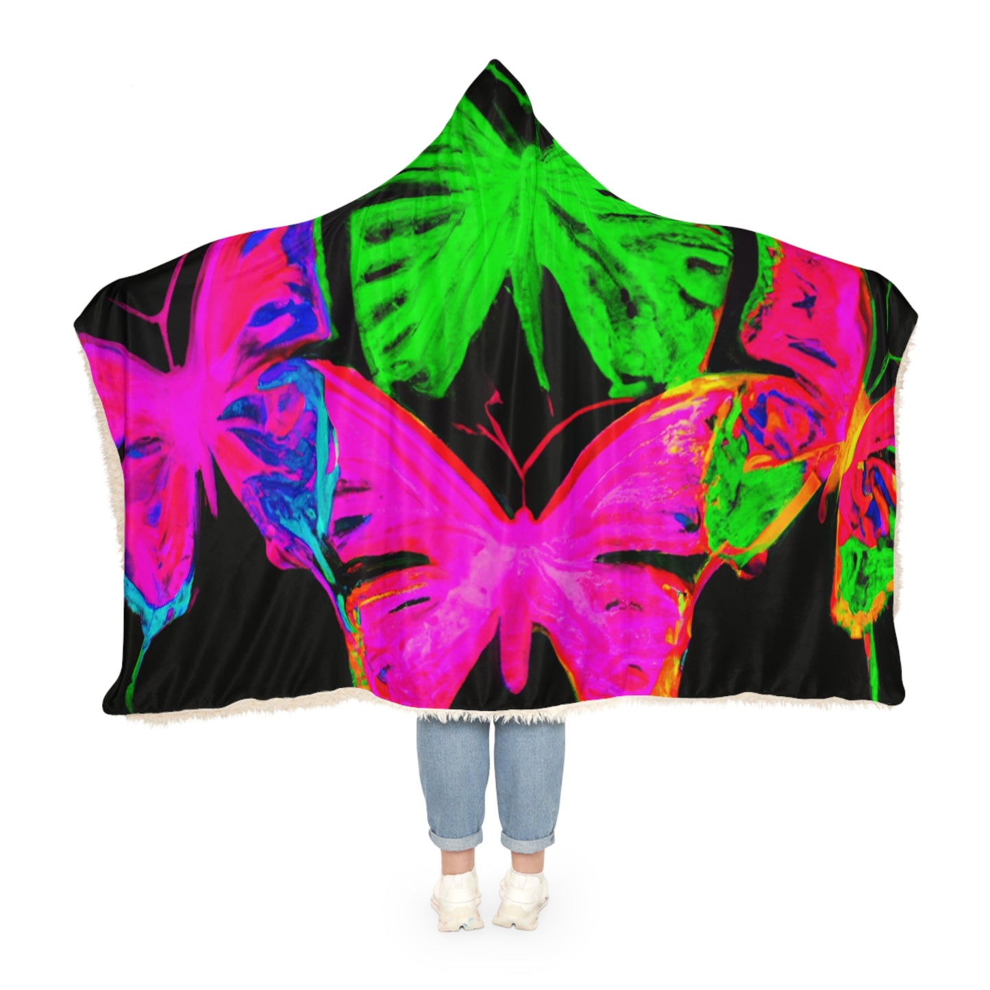 "Butterfly Illuminations" - NEON Butterflies Art Hooded Snuggle Blanket