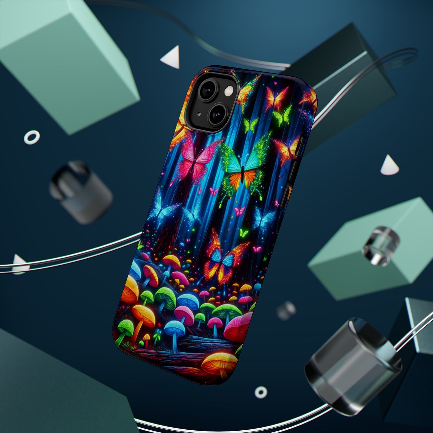 Neon Fantasia. Neon Butterflies and Mushrooms Premium Art Magsafe Magnet Tough IPhone 13 14 15 Pro Plus Max and Mini in Matte and Glossy Phone cases