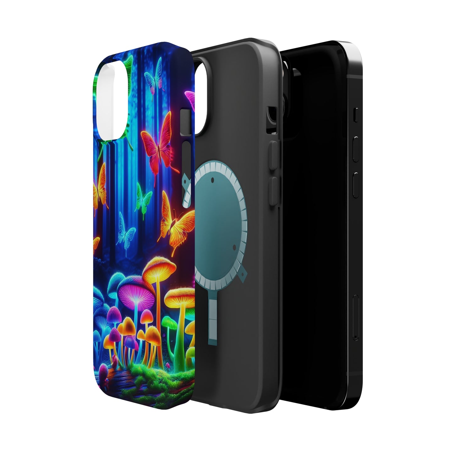 "Neon Garden Delight" Neon Butterflies and Mushrooms Premium Art Magsafe Magnet Tough IPhone 13 14 15 Pro Plus Max and Mini in Matte and Glossy Phone cases