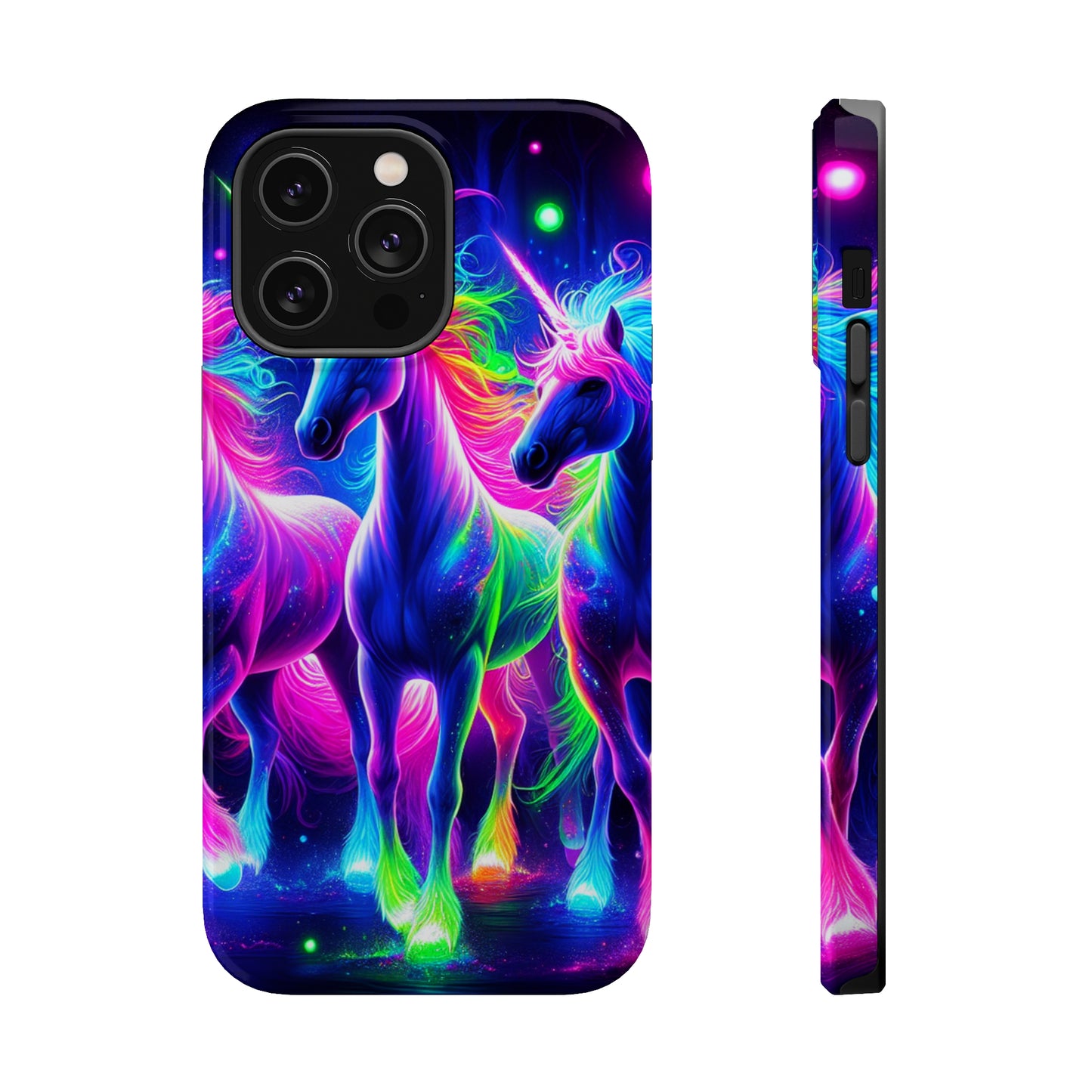 "Uni-Neon Fantasy" Neon Unicorns Premium Art Magsafe Magnet Tough IPhone 13 14 15 Pro Plus Max and Mini in Matte and Glossy Phone cases