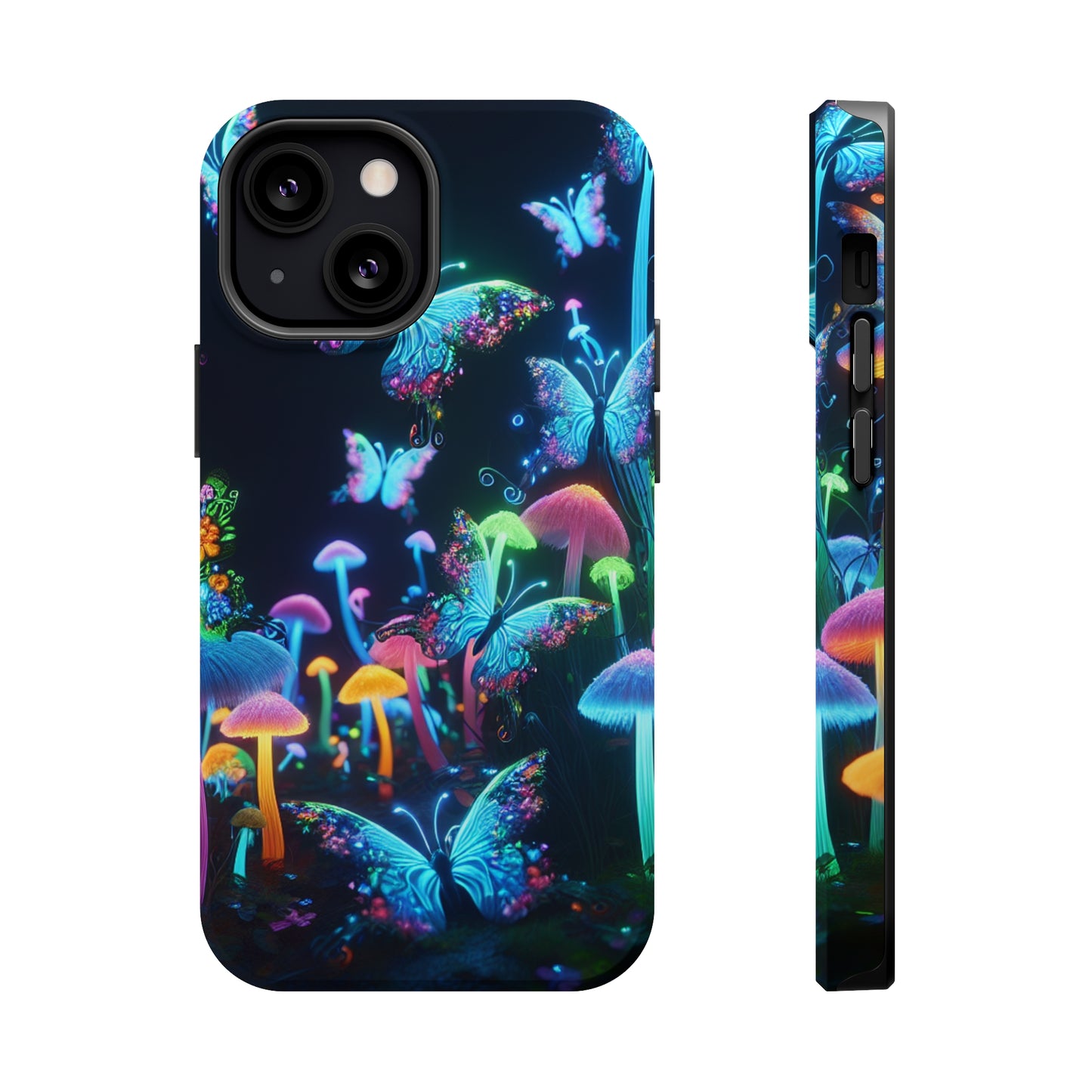 "Neon Dreamscape" Neon Butterflies and Mushrooms Premium Art Magsafe Magnet Tough IPhone 13 14 15 Pro Plus Max and Mini in Matte and Glossy Phone cases