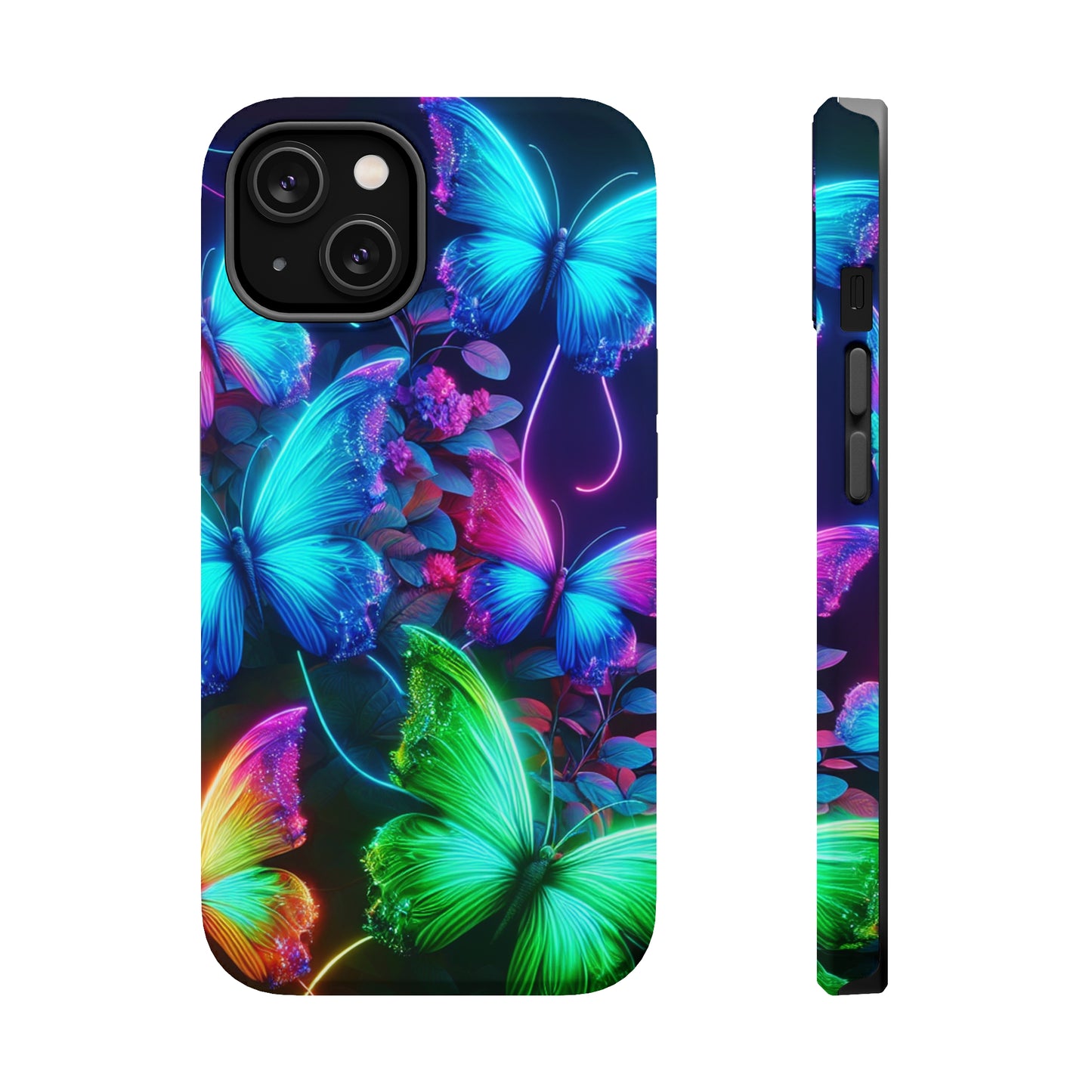 Neon Flutter Symphony Neon Butterflies Premium Art Magsafe Magnet Tough IPhone 13 14 15 Pro Plus Max and Mini in Matte and Glossy Phone cases