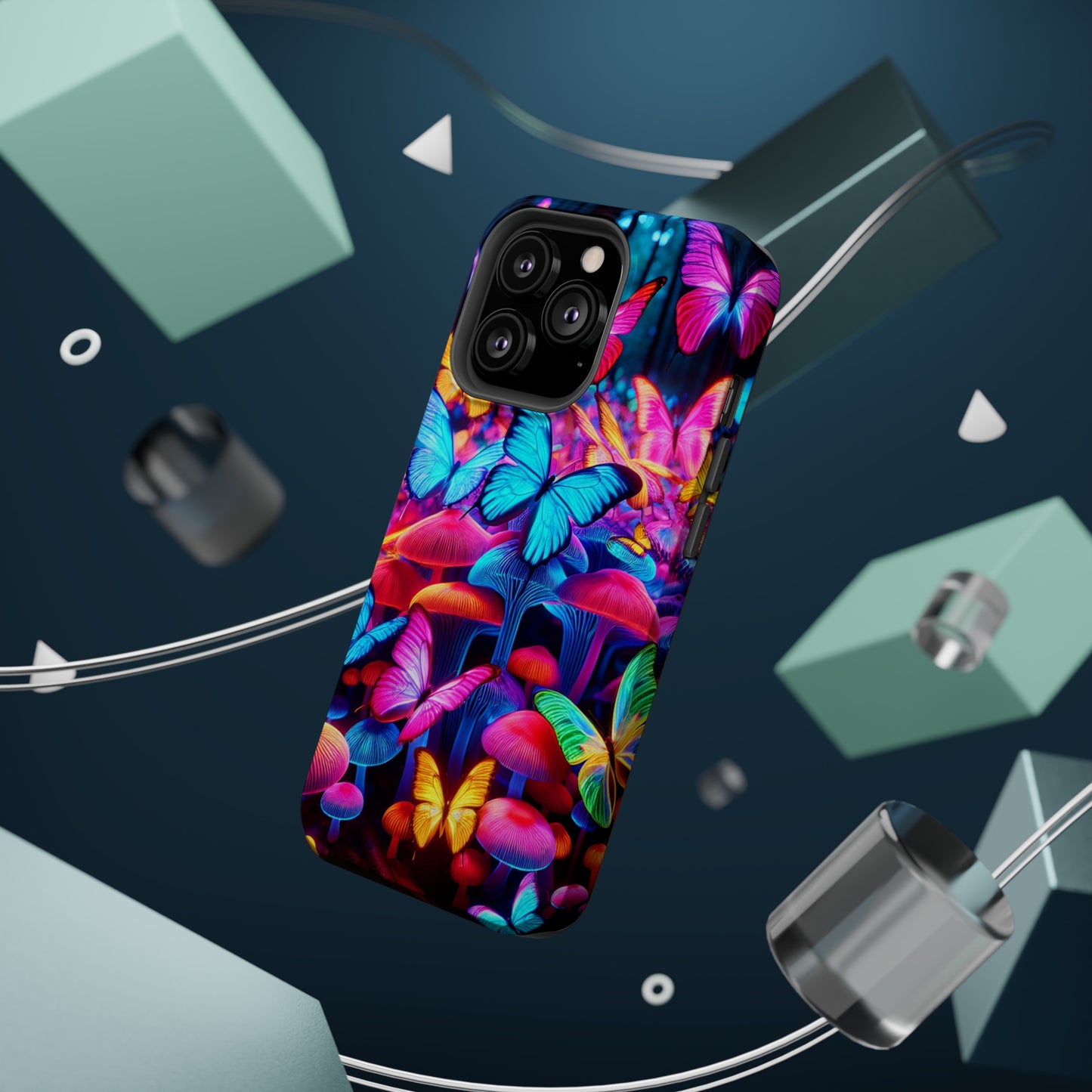 "Neon Tie-Dye Garden" Neon Butterflies and Mushrooms Premium Art Magsafe Magnet Tough IPhone 13 14 15 Pro Plus Max and Mini in Matte and Glossy Phone cases