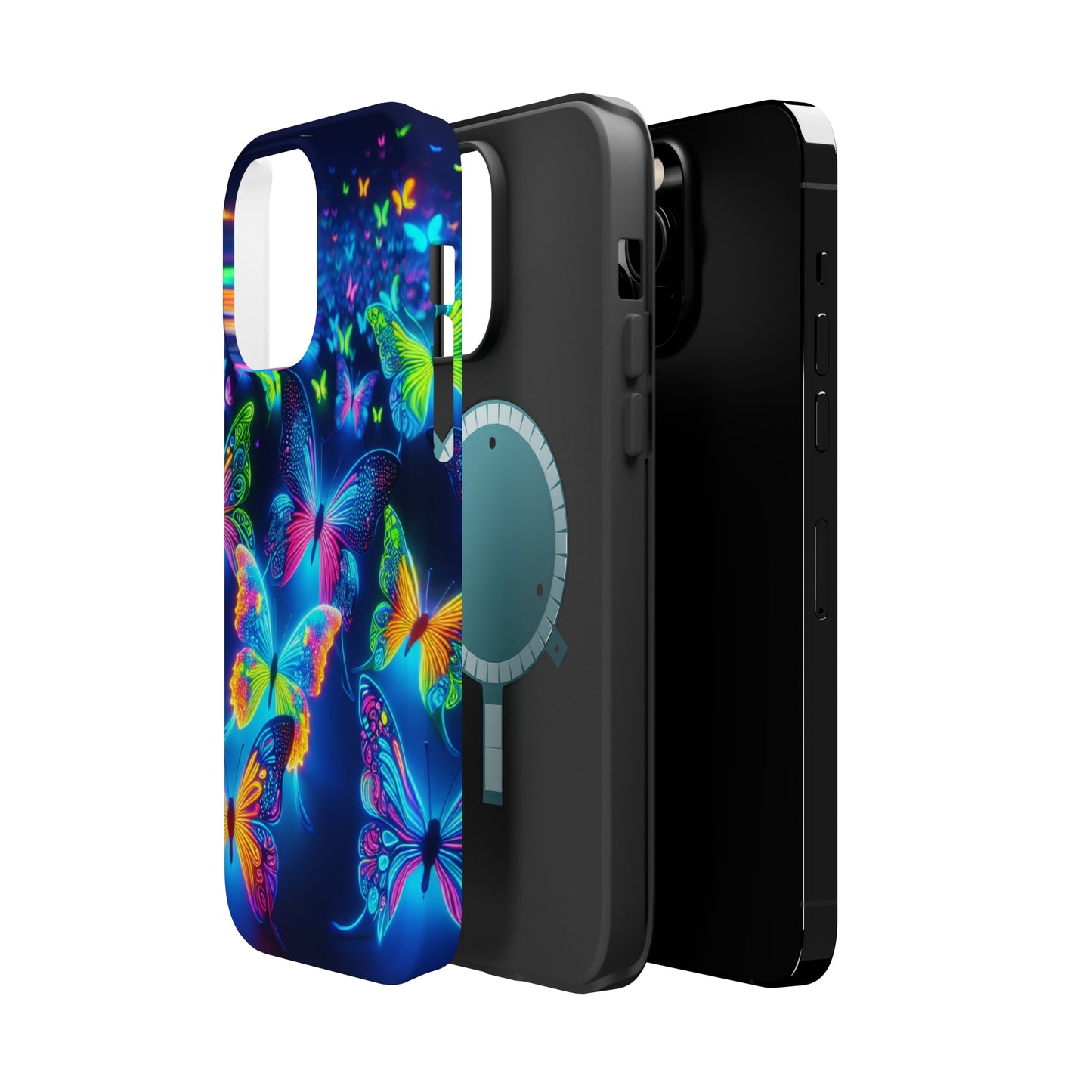 "Atmospheric Fluorescence" Neon Butterflies Premium Art Magsafe Magnet Tough IPhone 13 14 15 Pro Plus Max and Mini in Matte and Glossy Phone cases