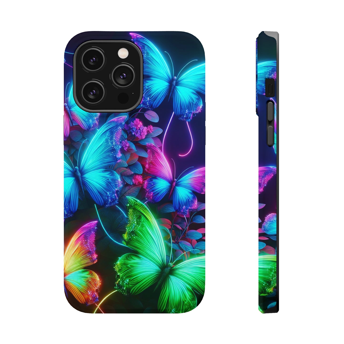 Neon Flutter Symphony Neon Butterflies Premium Art Magsafe Magnet Tough IPhone 13 14 15 Pro Plus Max and Mini in Matte and Glossy Phone cases