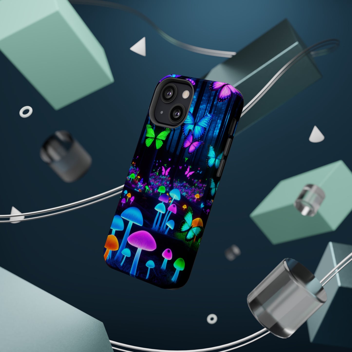 Neon Spectacle. Neon Butterflies and Mushrooms Premium Art Magsafe Magnet Tough IPhone 13 14 15 Pro Plus Max and Mini in Matte and Glossy Phone cases