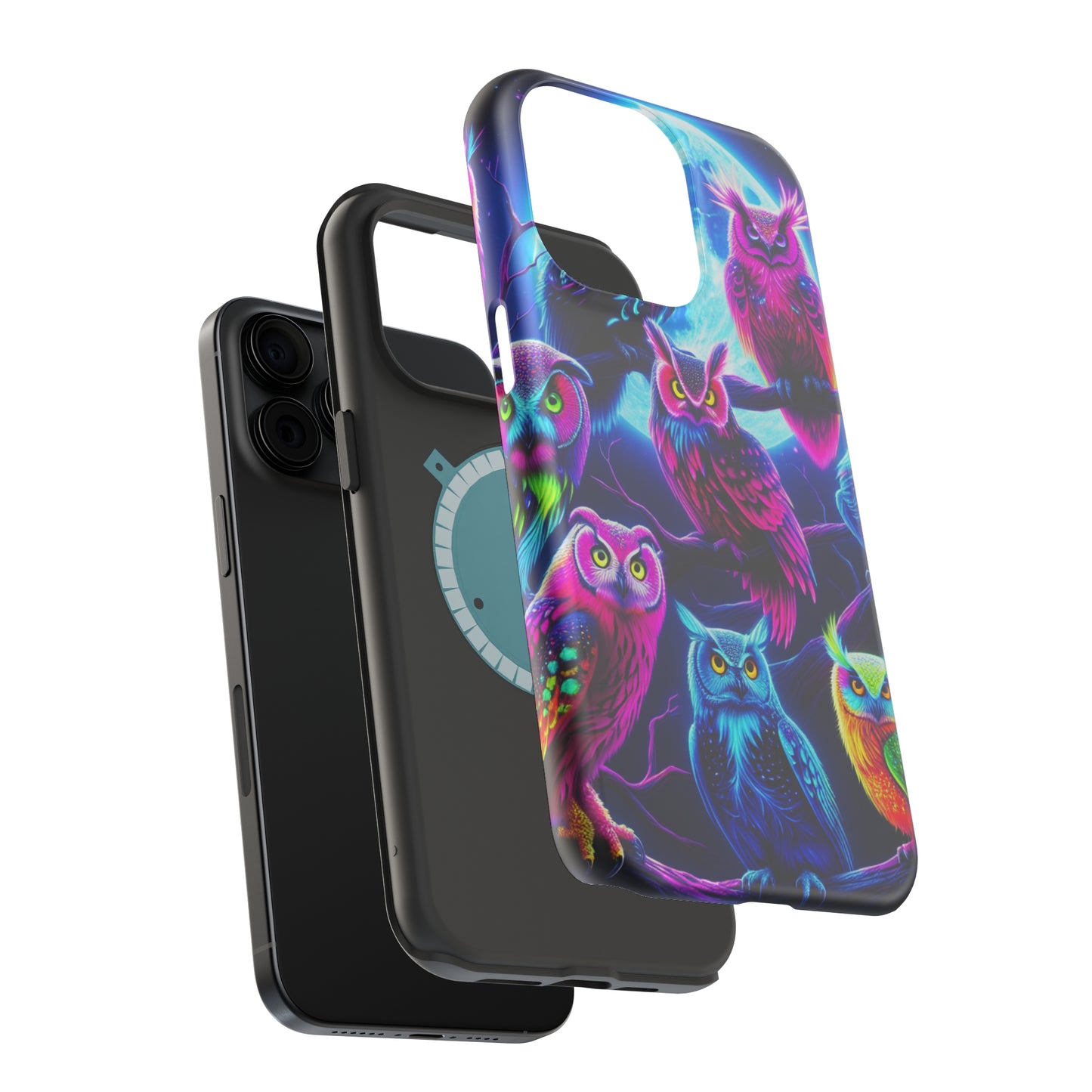 "Neon Splash of Owls" Neon Owls Premium Art Magsafe Magnet Tough IPhone 13 14 15 Pro Plus Max and Mini in Matte and Glossy Phone cases
