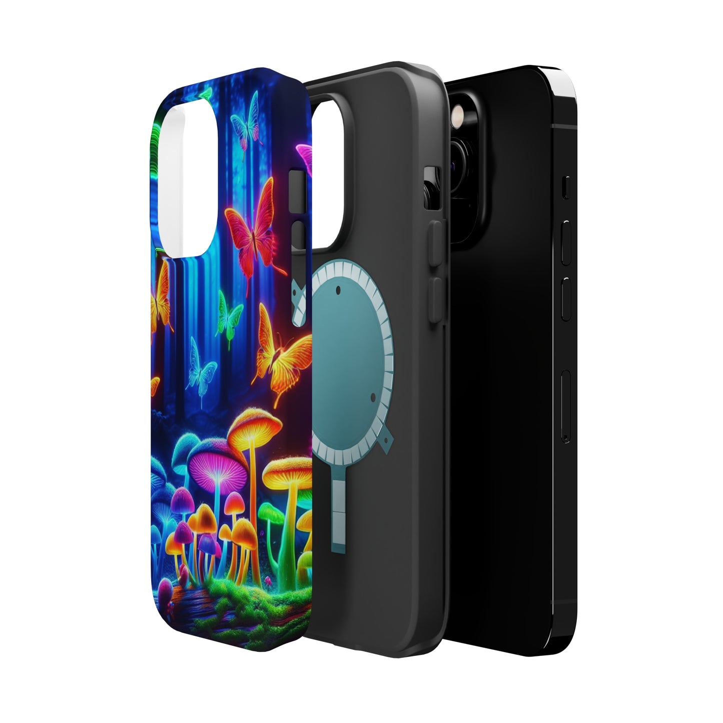 "Neon Garden Delight" Neon Butterflies and Mushrooms Premium Art Magsafe Magnet Tough IPhone 13 14 15 Pro Plus Max and Mini in Matte and Glossy Phone cases