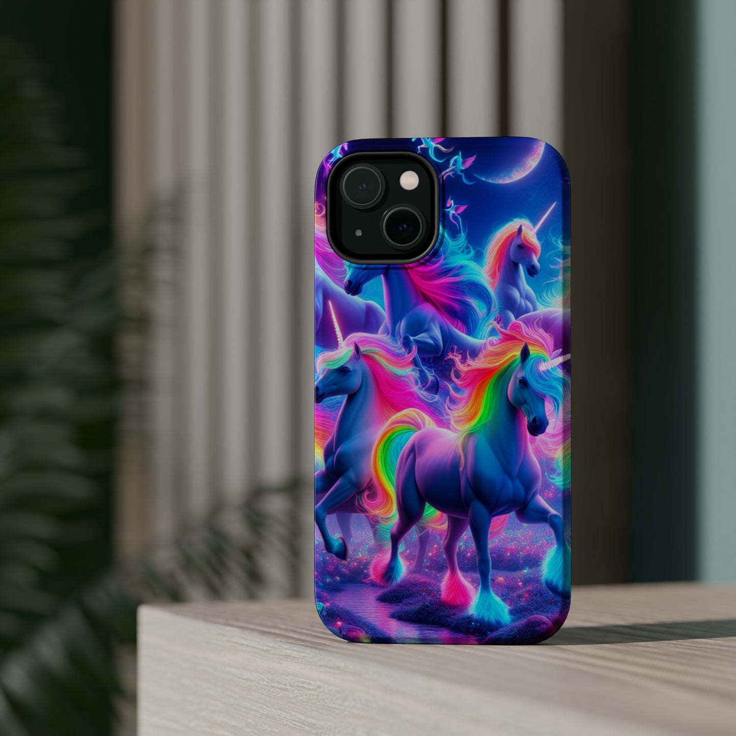 "Unicorn Prism" Neon Unicorns Premium Art Magsafe Magnet Tough IPhone 13 14 15 Pro Plus Max and Mini in Matte and Glossy Phone cases