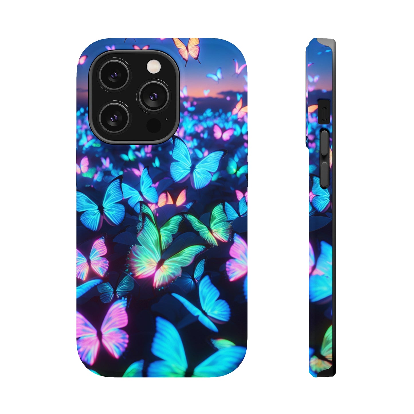 "Fantasia of Neon Butterflies" Neon Butterflies Premium Art Magsafe Magnet Tough IPhone 13 14 15 Pro Plus Max and Mini in Matte and Glossy Phone cases