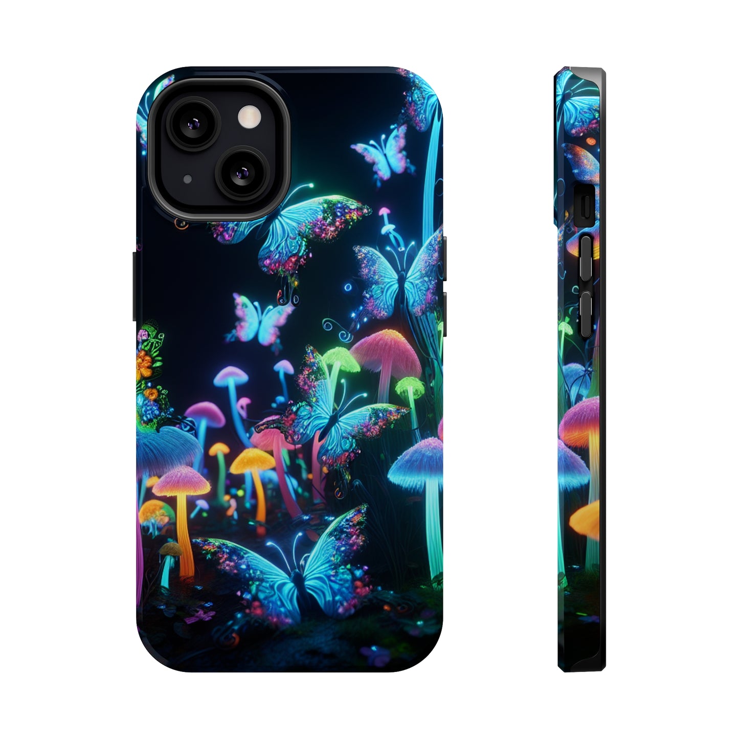 "Neon Dreamscape" Neon Butterflies and Mushrooms Premium Art Magsafe Magnet Tough IPhone 13 14 15 Pro Plus Max and Mini in Matte and Glossy Phone cases