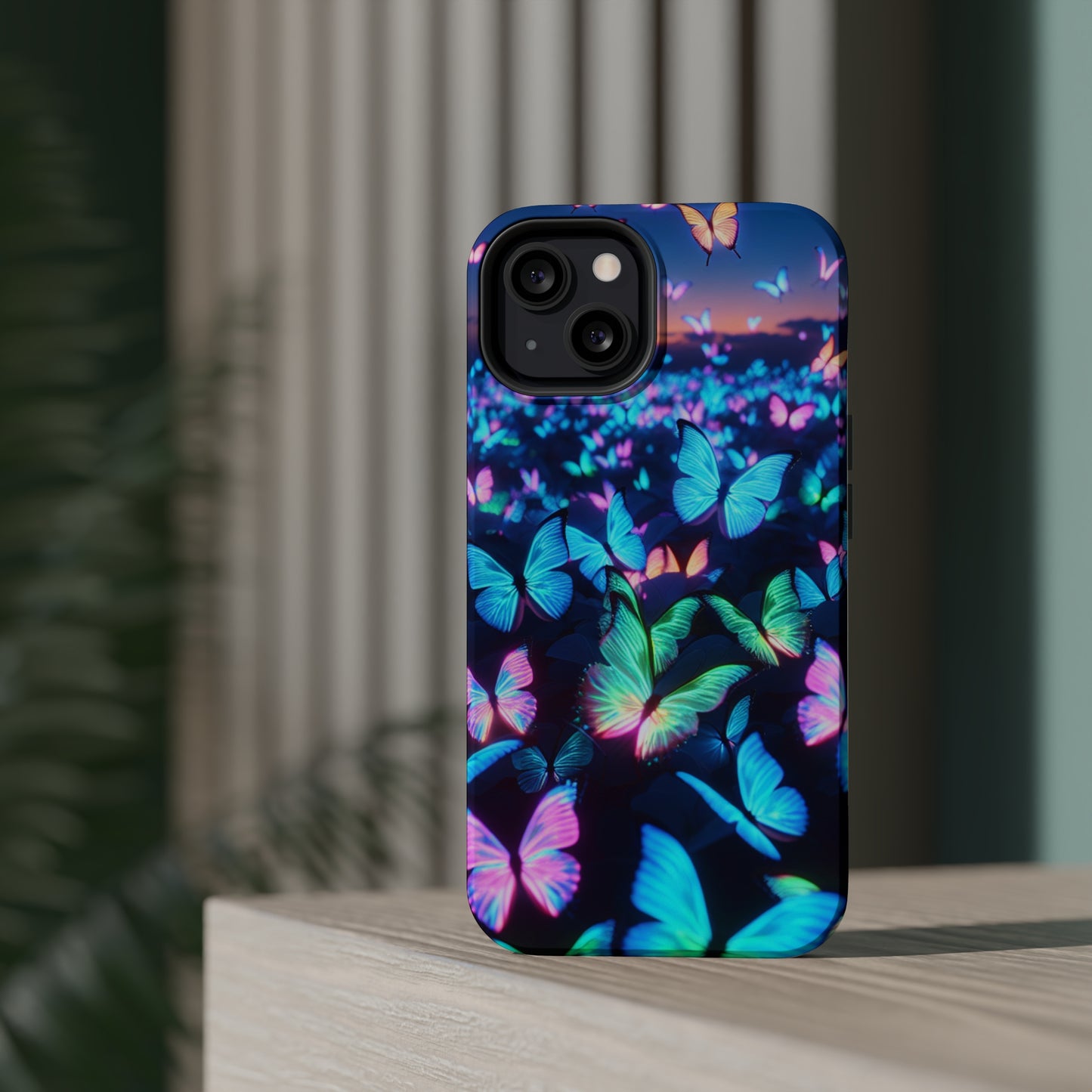 "Fantasia of Neon Butterflies" Neon Butterflies Premium Art Magsafe Magnet Tough IPhone 13 14 15 Pro Plus Max and Mini in Matte and Glossy Phone cases