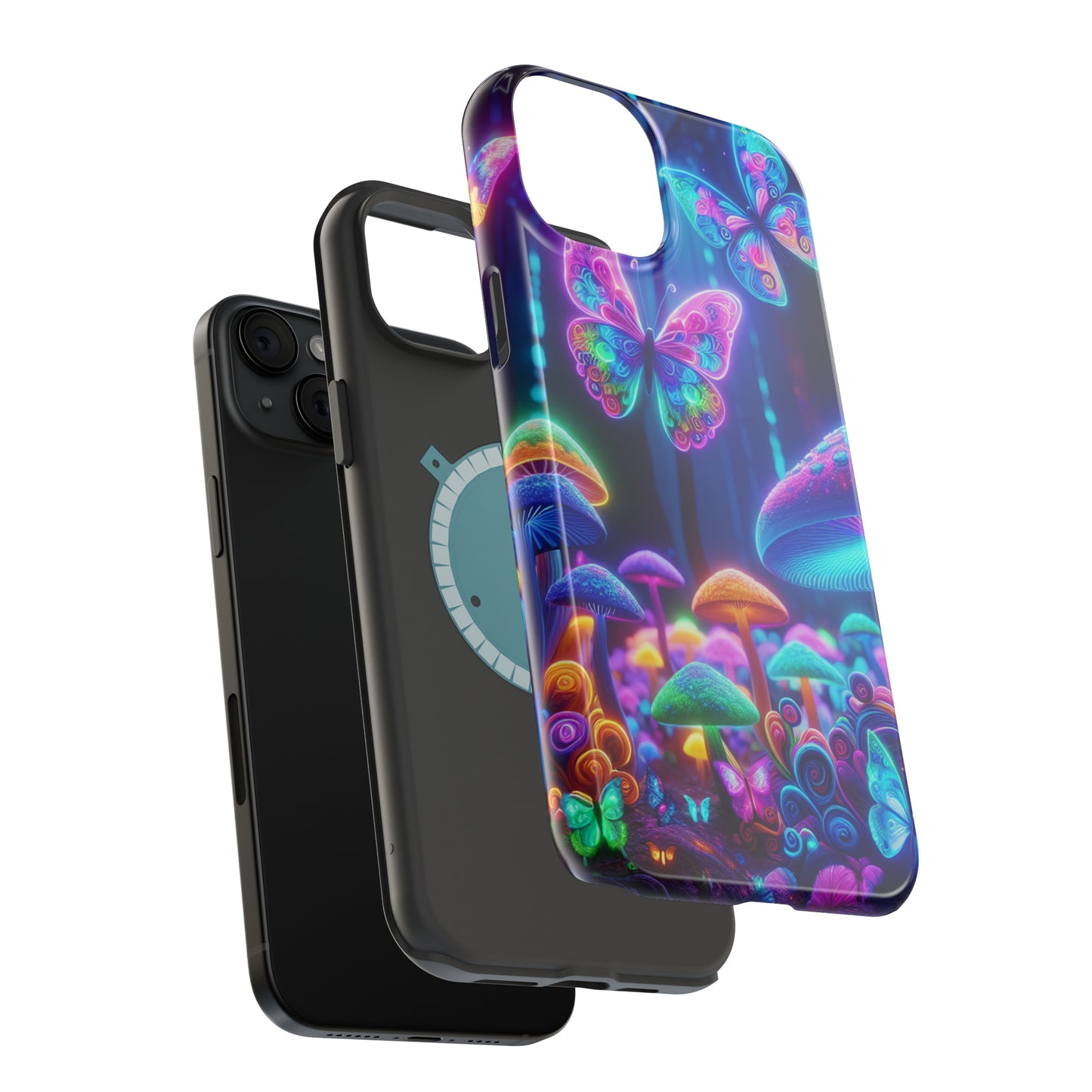 Neon Ecstasy. Neon Butterflies and Mushrooms Premium Art Magsafe Magnet Tough IPhone 13 14 15 Pro Plus Max and Mini in Matte and Glossy Phone cases