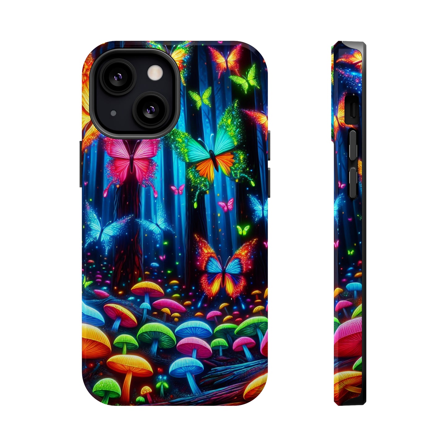 Neon Fantasia. Neon Butterflies and Mushrooms Premium Art Magsafe Magnet Tough IPhone 13 14 15 Pro Plus Max and Mini in Matte and Glossy Phone cases