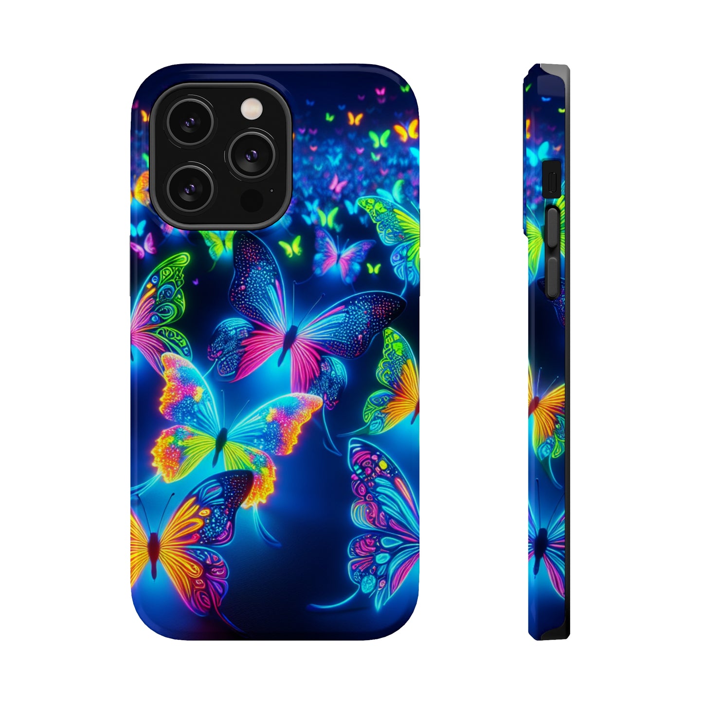 "Atmospheric Fluorescence" Neon Butterflies Premium Art Magsafe Magnet Tough IPhone 13 14 15 Pro Plus Max and Mini in Matte and Glossy Phone cases