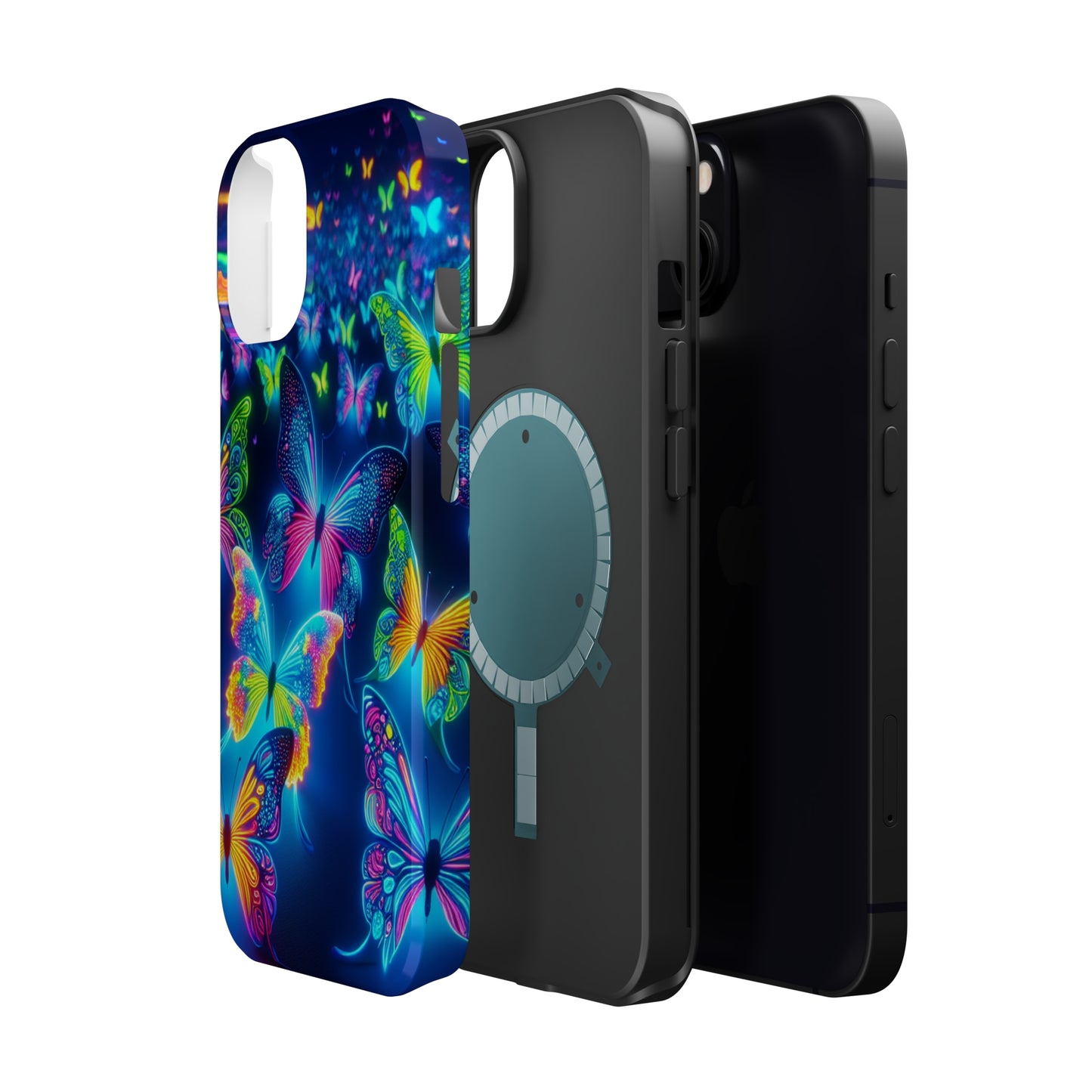 "Atmospheric Fluorescence" Neon Butterflies Premium Art Magsafe Magnet Tough IPhone 13 14 15 Pro Plus Max and Mini in Matte and Glossy Phone cases