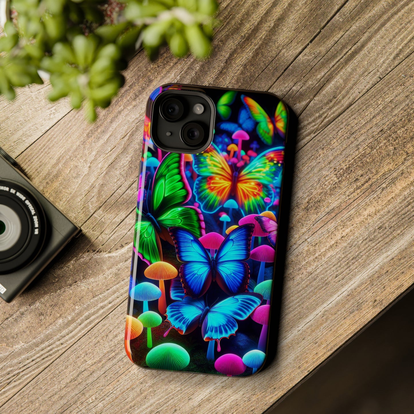 "Fantastic Fruition" Neon Butterflies and Mushrooms Premium Art Magsafe Magnet Tough IPhone 13 14 15 Pro Plus Max and Mini in Matte and Glossy Phone cases