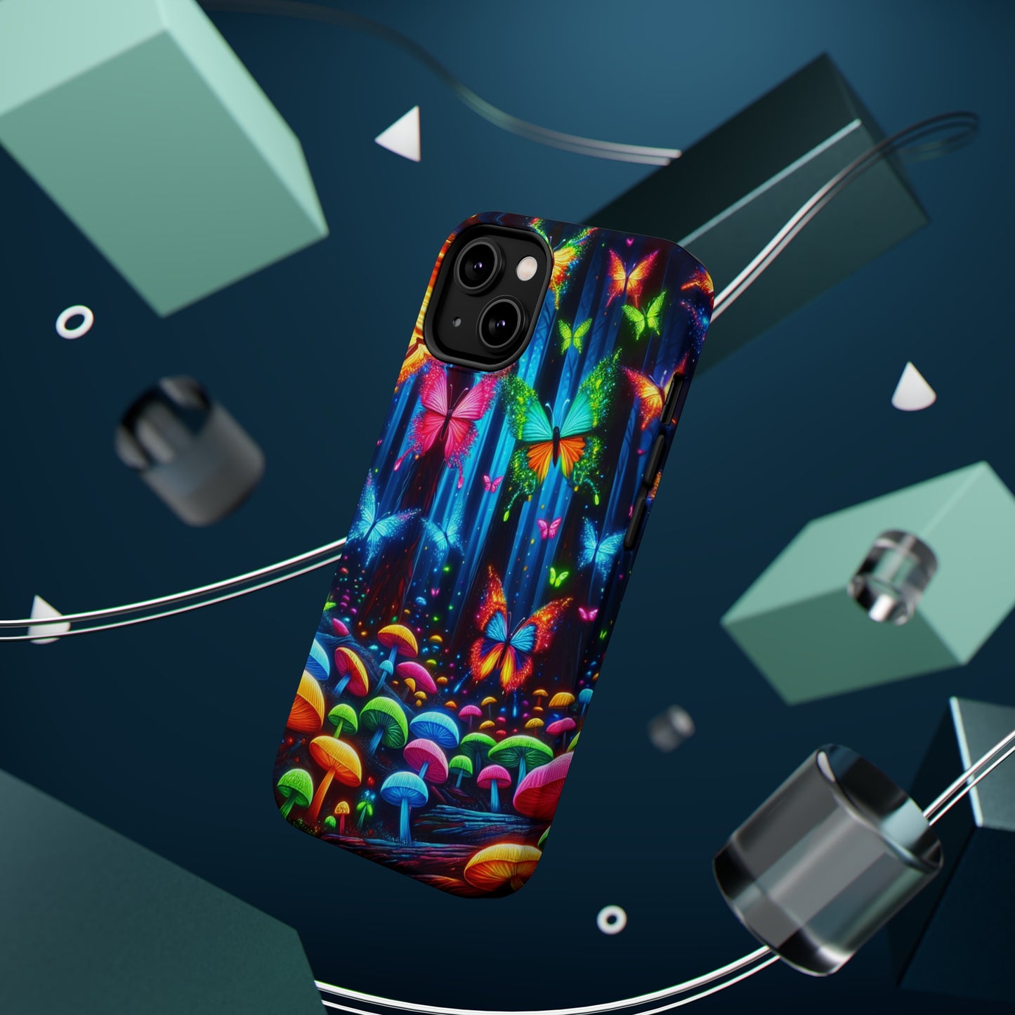 Neon Fantasia. Neon Butterflies and Mushrooms Premium Art Magsafe Magnet Tough IPhone 13 14 15 Pro Plus Max and Mini in Matte and Glossy Phone cases