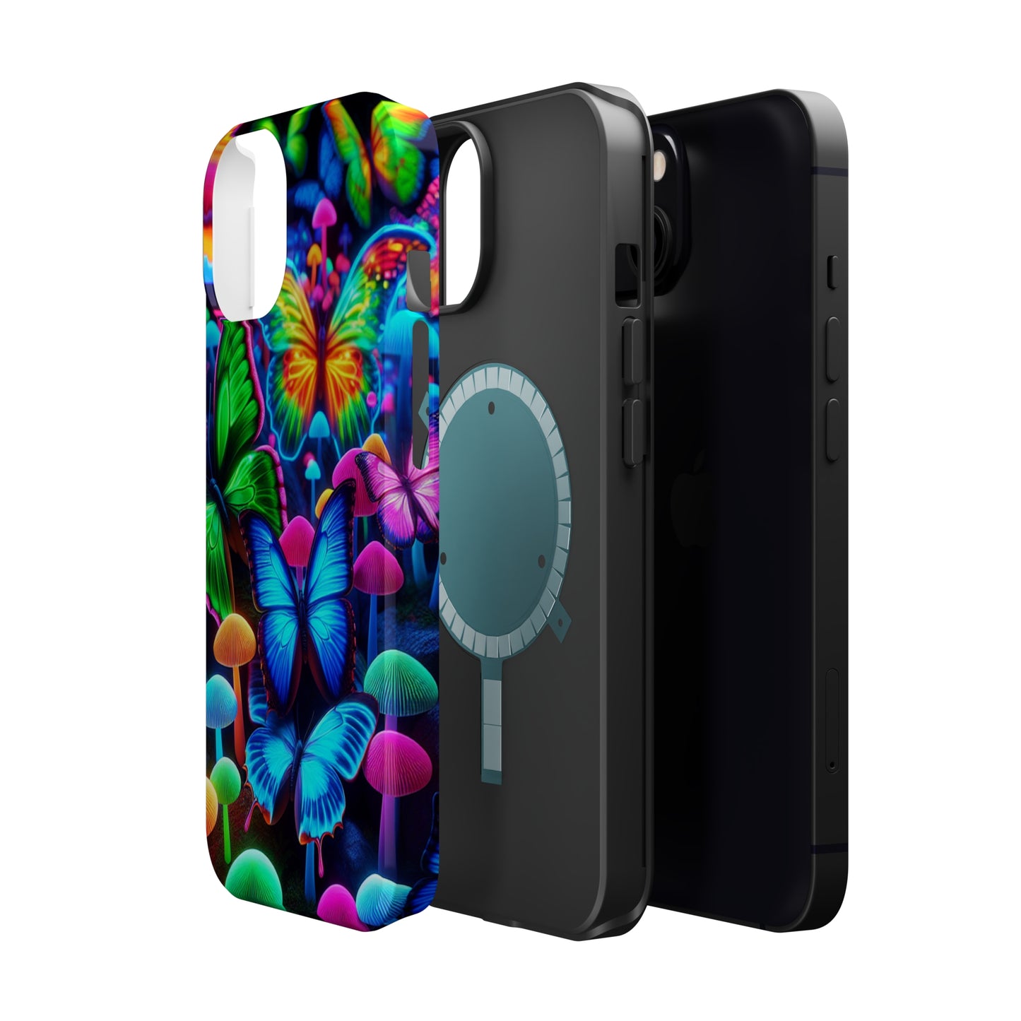 "Fantastic Fruition" Neon Butterflies and Mushrooms Premium Art Magsafe Magnet Tough IPhone 13 14 15 Pro Plus Max and Mini in Matte and Glossy Phone cases